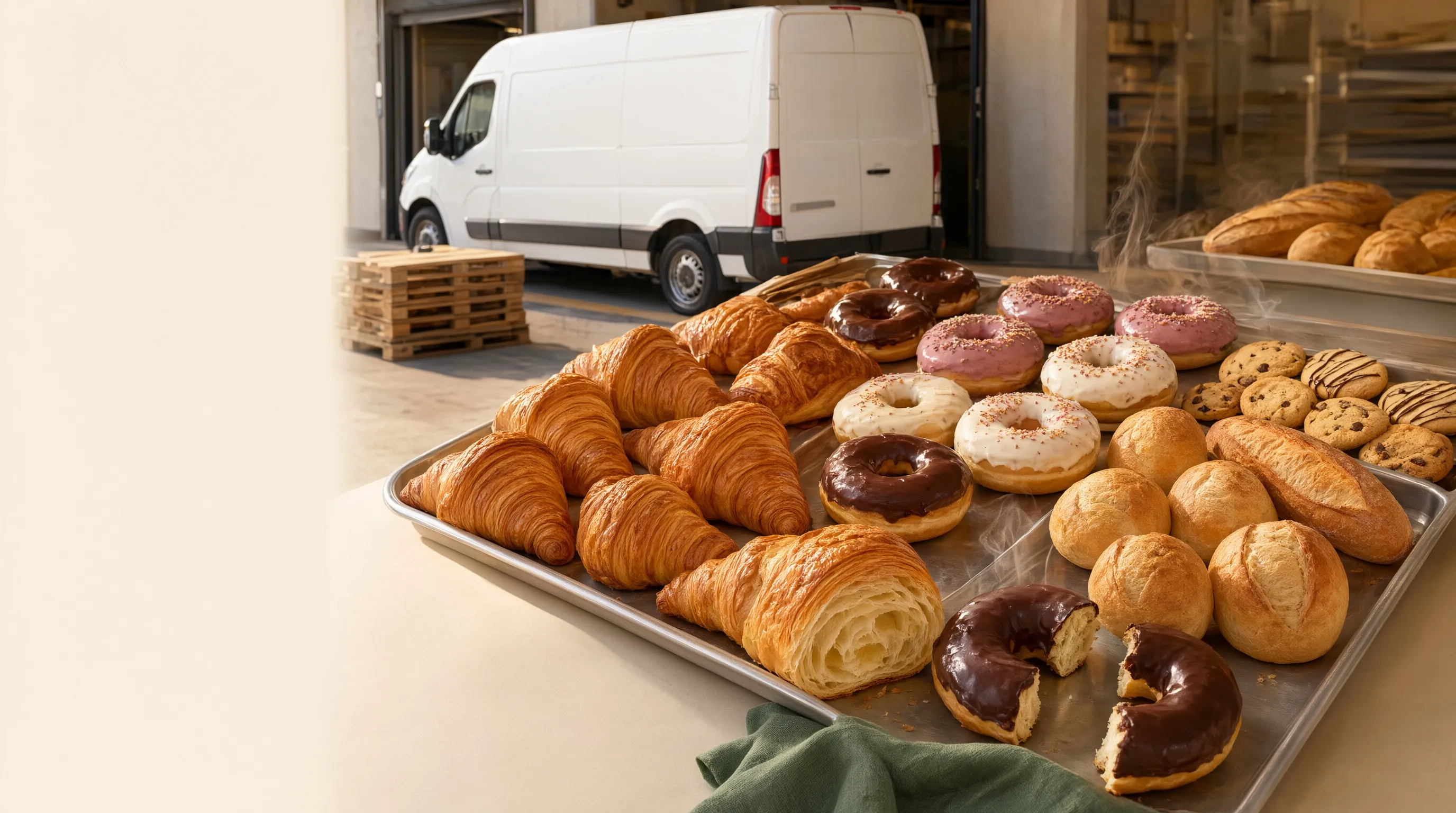 Bandeja de croissants recién horneados en primer plano, con la silueta desenfocada de un furgón de reparto al fondo.