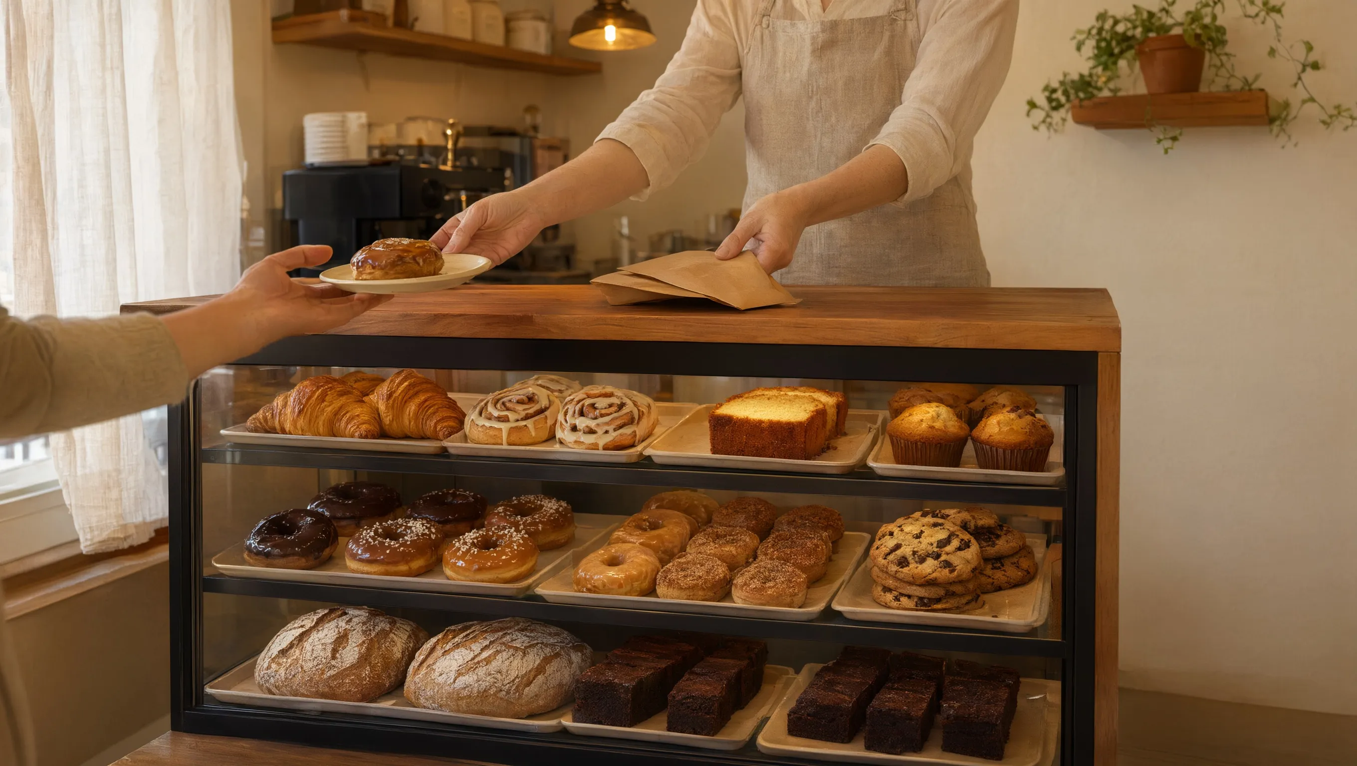Mostrador de una cafetería con la vitrina llena de producto Surpastry mientras el dueño pasa un pedido sobre el mesón.