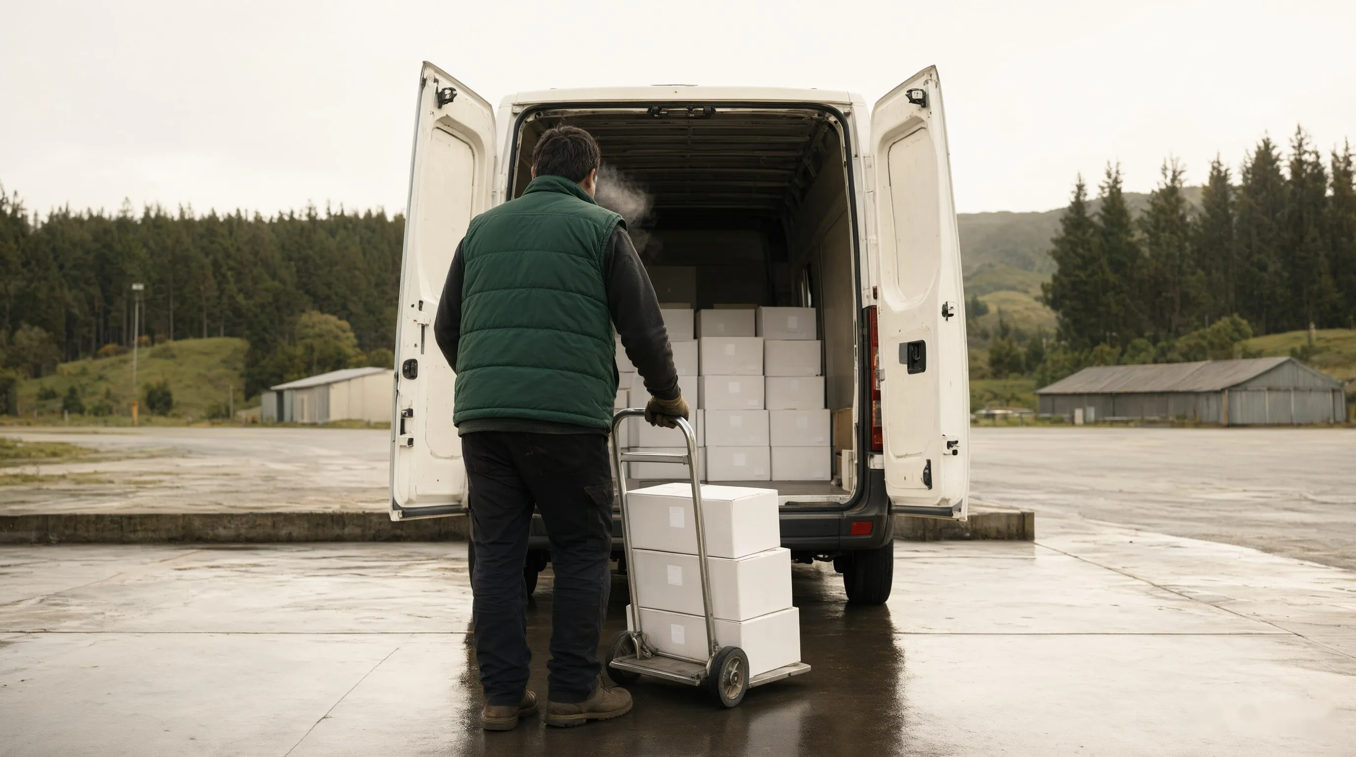 Persona del equipo de Surpastry cargando cajas al furgón de reparto con un carro, una mañana nublada, con bosque y galpones al fondo.